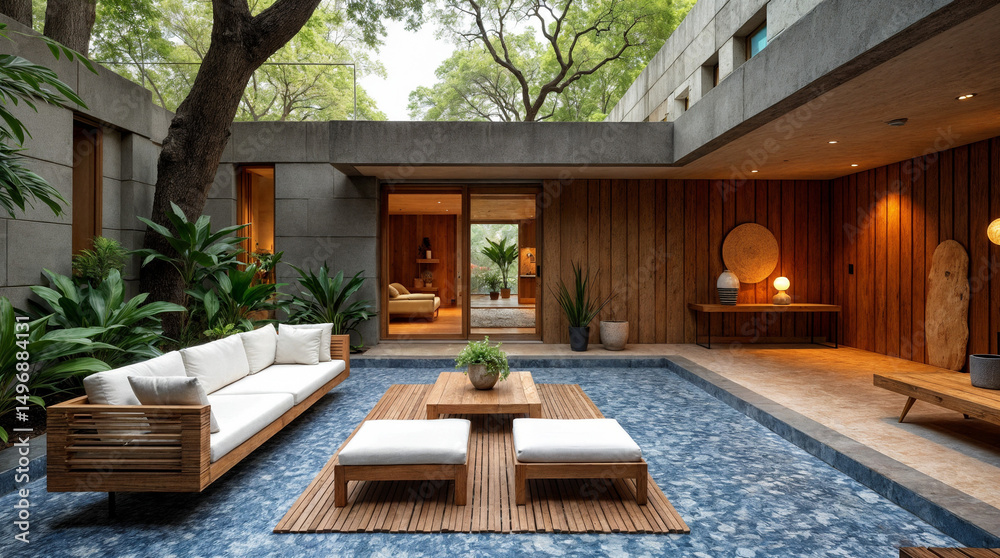 Fototapeta premium A patio with a pool and a wooden table