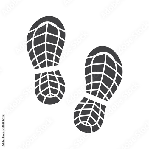 Vector illustration of two black shoe print icons with detailed tread patterns, symbolizing footprints, marking pathways, walking, or adventure concepts on a white background.