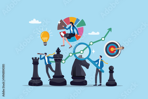 Strategy management, success planning or solution development, business improvement or growth analysis, intelligence insight information, business people help analyze strategy management chess pieces.