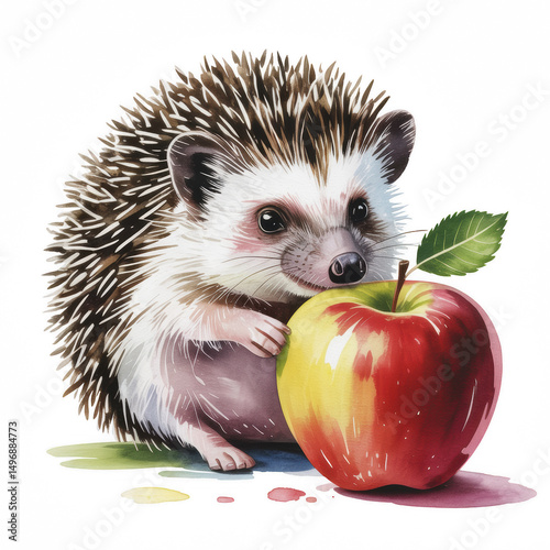 Watercolor Hedgehog Holding Red Apple