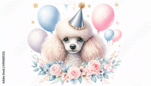 Charming watercolor illustration of a Miniature Poodle wearing a shiny party hat, pastel balloons, birthday decorations, clean white background, soft festive vibe and elegant composition