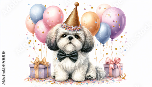 Adorable watercolor Shih Tzu with glitter cone hat and bowtie, surrounded by soft balloons and confetti, on white background, cute festive dog portrait in artistic celebration scene