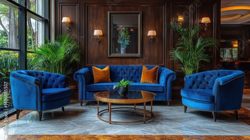 Elegant Lounge Interior Design: Luxurious Blue Velvet Furniture and Warm Lighting