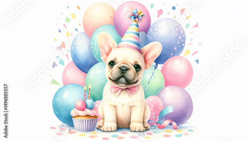 Watercolor pet party scene with French Bulldog wearing bright birthday hat, sitting among pastel balloons and confetti, white background, soft colors and minimalist festive design