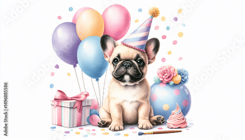 Adorable French Bulldog with birthday hat in soft watercolor style, surrounded by pastel balloons and confetti, white backdrop, festive and clean design for pet celebration themes