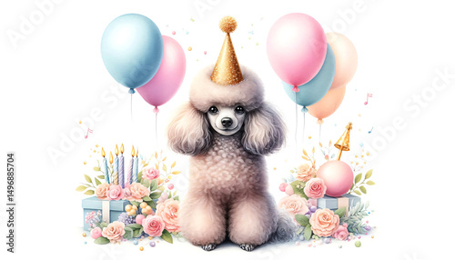 Watercolor pet portrait of elegant Miniature Poodle with shiny party hat, surrounded by pastel balloons and birthday elements, soft brush strokes, clean white background, festive mood
