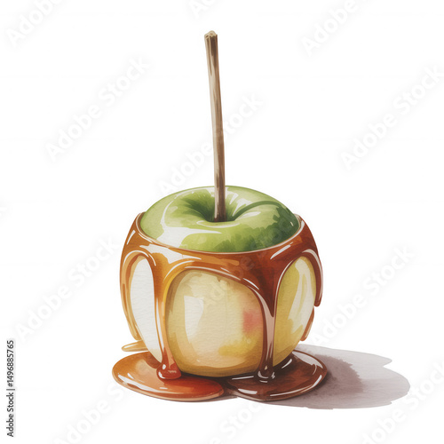 Watercolor Illustration of a Green Caramel Apple with a Wooden Stick