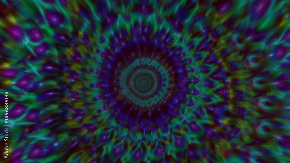 Abstract tunnel of psychedelic colors, a swirling display of optical illusion and bright shapes moving fast through a colorful vortex.