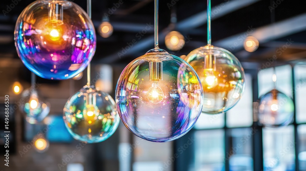 Iridescent glass globe pendant lights illuminate a modern space Iridescent glass globe pendant lights illuminate a modern space