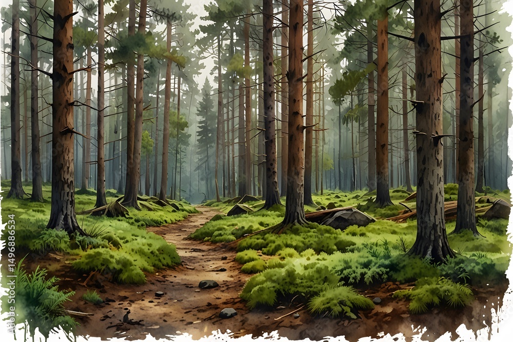 Obraz premium A clearing with a patch of bright green moss among pine needles in watercolor style