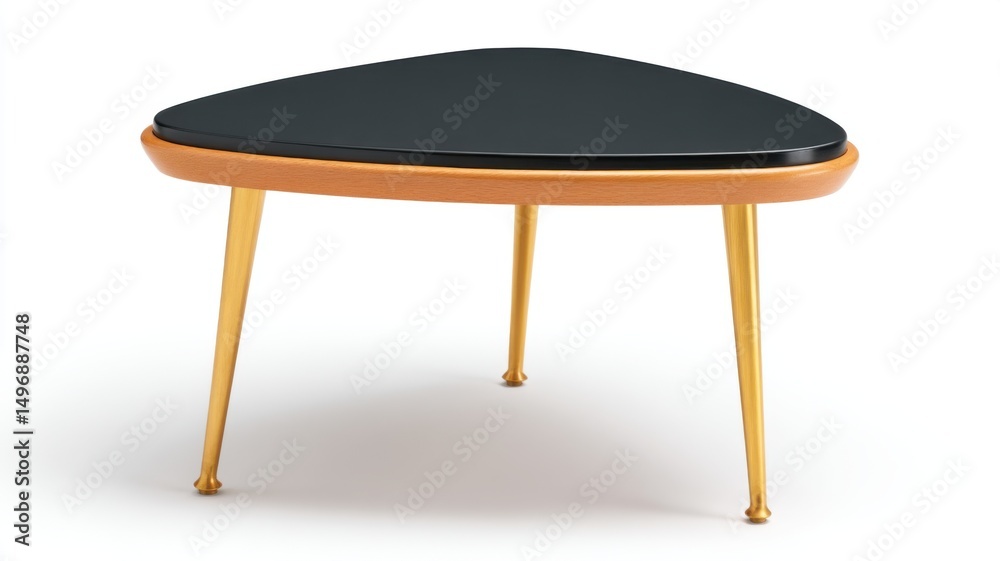Fototapeta premium Modern triangular coffee table with a black top, wooden frame, and gold legs, set against a white background.