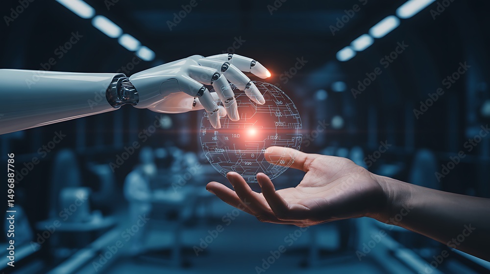 Fototapeta premium Human Hand and Robotic Arm Interacting with a Holographic Globe in a Futuristic Setting