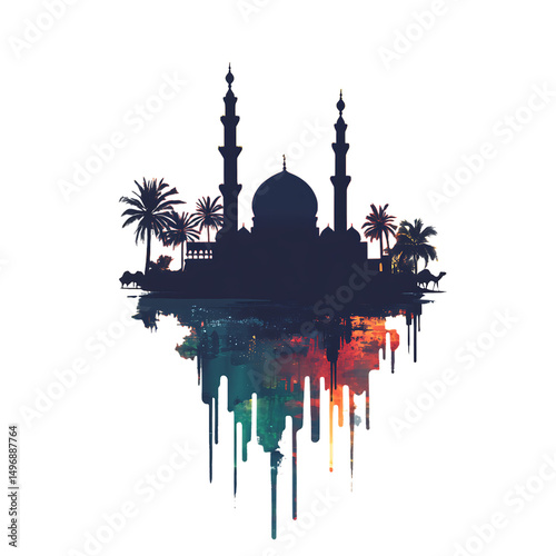 Mosque silhouette reflection isolated on a white background