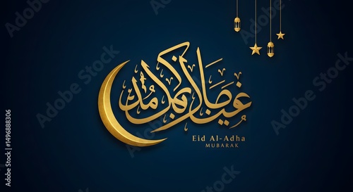Elegant Eid al-Adha Calligraphy Design Golden Crescent Moon and Arabic Script