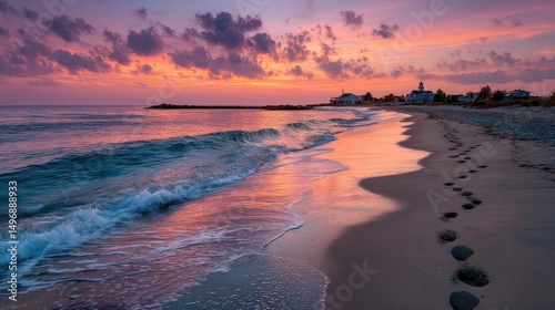 Sunset beach footprints, waves, coastal town