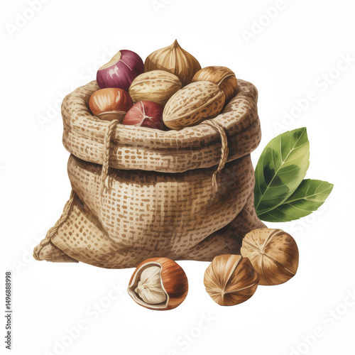 Sack Full of Mixed Nuts and Hazelnuts with Green Leaves