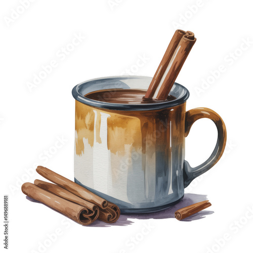 Watercolor Illustration of Cocoa Drink in a Rustic Mug with Cinnamon Sticks