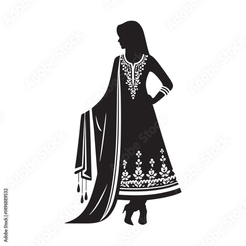 Elegant Shalwar Qameez Vector Silhouette – Traditional South Asian Dress, Comfortable Fit, Cultural Heritage, Modest Style, and Timeless Ethnic Fashion Design.