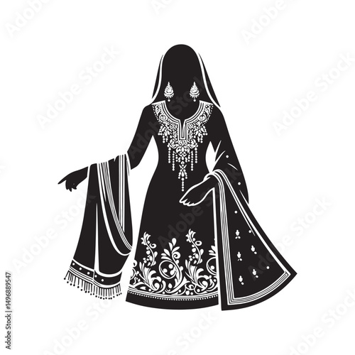 Elegant Shalwar Qameez Vector Silhouette – Traditional South Asian Dress, Comfortable Fit, Cultural Heritage, Modest Style, and Timeless Ethnic Fashion Design.