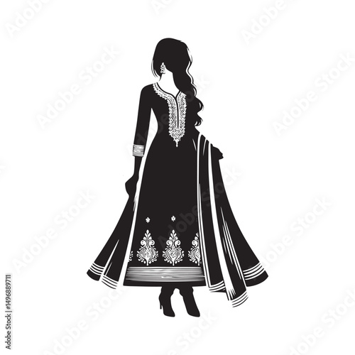 Elegant Shalwar Qameez Vector Silhouette – Traditional South Asian Dress, Comfortable Fit, Cultural Heritage, Modest Style, and Timeless Ethnic Fashion Design.