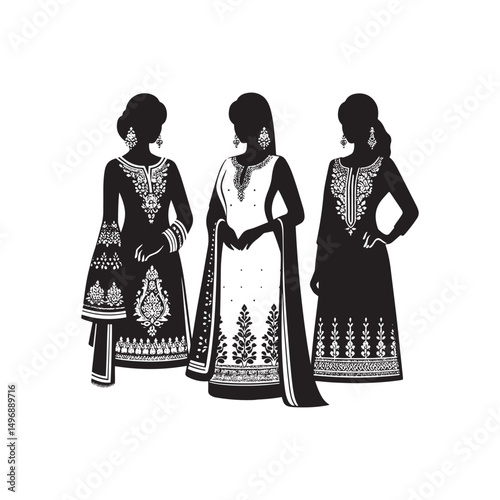 Elegant Shalwar Qameez Vector Silhouette – Traditional South Asian Dress, Comfortable Fit, Cultural Heritage, Modest Style, and Timeless Ethnic Fashion Design.