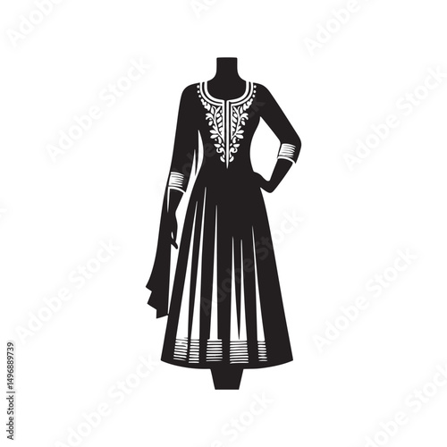 Elegant Shalwar Qameez Vector Silhouette – Traditional South Asian Dress, Comfortable Fit, Cultural Heritage, Modest Style, and Timeless Ethnic Fashion Design.