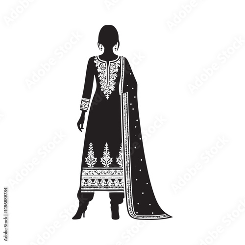 Elegant Shalwar Qameez Vector Silhouette – Traditional South Asian Dress, Comfortable Fit, Cultural Heritage, Modest Style, and Timeless Ethnic Fashion Design.