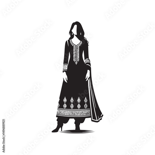 Elegant Shalwar Qameez Vector Silhouette – Traditional South Asian Dress, Comfortable Fit, Cultural Heritage, Modest Style, and Timeless Ethnic Fashion Design.