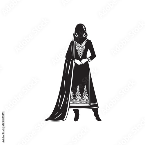 Elegant Shalwar Qameez Vector Silhouette – Traditional South Asian Dress, Comfortable Fit, Cultural Heritage, Modest Style, and Timeless Ethnic Fashion Design.