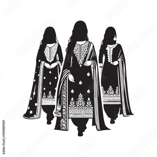 Elegant Shalwar Qameez Vector Silhouette – Traditional South Asian Dress, Comfortable Fit, Cultural Heritage, Modest Style, and Timeless Ethnic Fashion Design.
