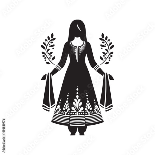 Elegant Shalwar Qameez Vector Silhouette – Traditional South Asian Dress, Comfortable Fit, Cultural Heritage, Modest Style, and Timeless Ethnic Fashion Design.