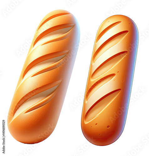 two 3d fresh baguettes, isolated on transparent background