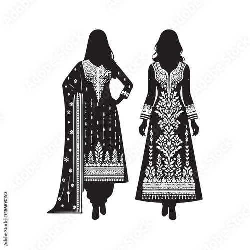 Elegant Shalwar Qameez Vector Silhouette – Traditional South Asian Dress, Comfortable Fit, Cultural Heritage, Modest Style, and Timeless Ethnic Fashion Design.