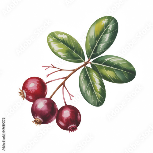 Watercolor Illustration of Cranberry Berries with Green Leaves on a Branch