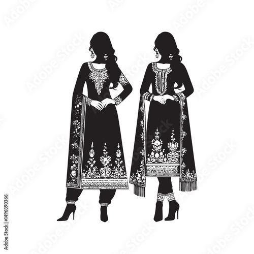 Elegant Shalwar Qameez Vector Silhouette – Traditional South Asian Dress, Comfortable Fit, Cultural Heritage, Modest Style, and Timeless Ethnic Fashion Design.
