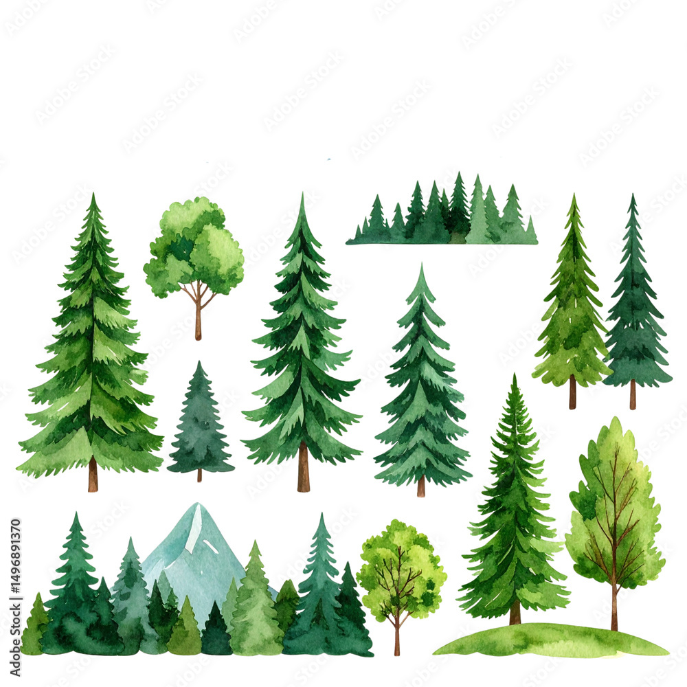 Obraz premium Illustration of a green forest and mountains with pine trees, snow and clear sky. 