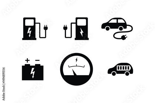 Electric Car Silhouette Icon Set Vector Collection of Black EV Symbols Isolated on White Background