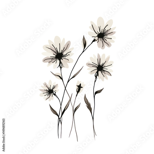 Abstract Minimal Floral Doodle with Ink Brushstrokes on a White Background