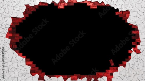 Destruction of a brick wall with plaster. Many flying and falling brick walls. Cracks on a brick wall. Destruction screensaver. Animation of destruction of a brick wall on a black background with a ma