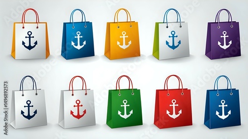 Colorful shopping bags with anchor design, perfect for nautical themes, online stores, summer sales, and branding. Ideal for websites, brochures, and marketing materials. photo
