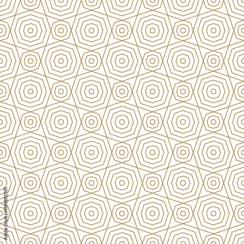 Seamless geometric pattern features concentric octagons in a delicate gold outline on a white background, creating an elegant and modern honeycomb-like design.