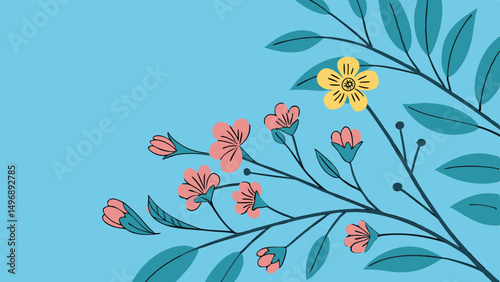 Vector art of Illustration of flowering branch with pink blossoms, green leaves, and a small yellow bird on a light blue background creating a serene and nature inspired design