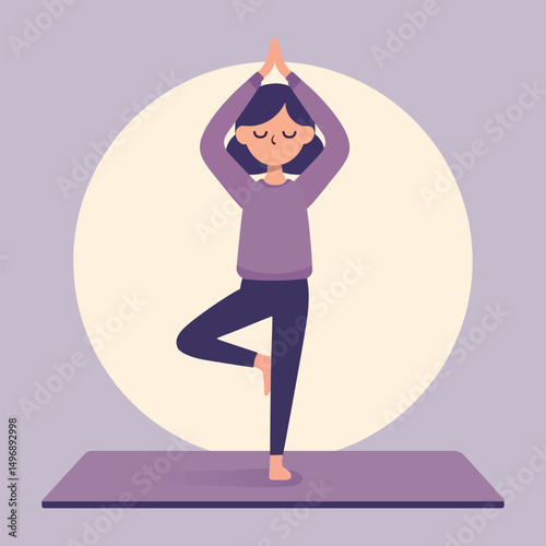 Faceless flat female character in tree pose on yoga mat. Muted lavender background. Peaceful and minimal self-care concept, with centered layout and clean style.