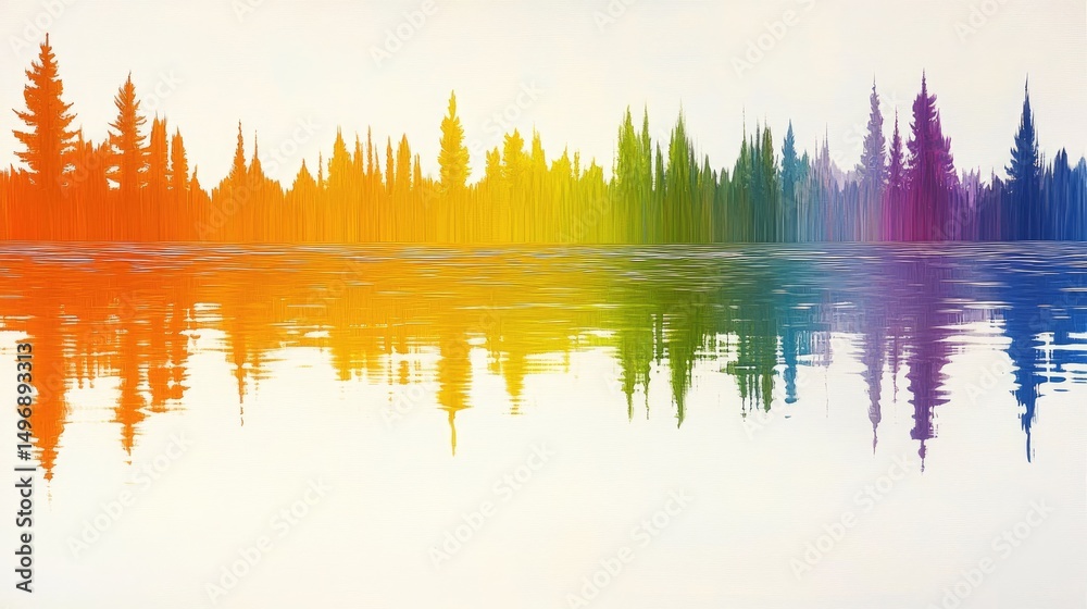 Fototapeta premium Rainbow forest reflected in calm water; vibrant, colorful, abstract landscape
