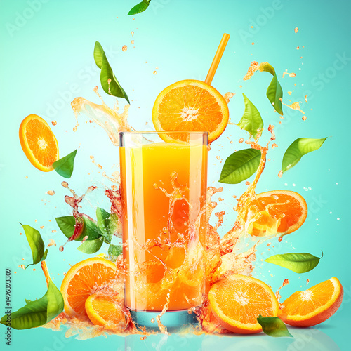 Orange Juice with Cut Citrus Fruits and Green Leaves – Isolated with Copy Space

orange juice, citrus fruits, cut oranges, fresh orange slices, green leaves, orange juice isolated, citrus composition,