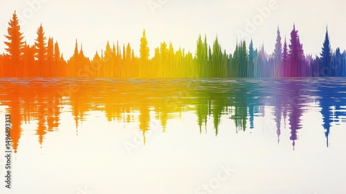 Rainbow forest reflected in calm water; vibrant, colorful, abstract landscape
