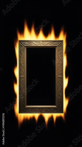 Ornate picture frame engulfed in flames against a black background