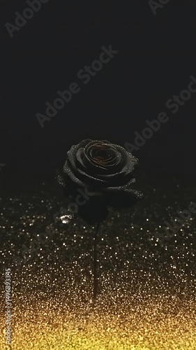 Single black rose on gold glitter background elegant dark moody photography