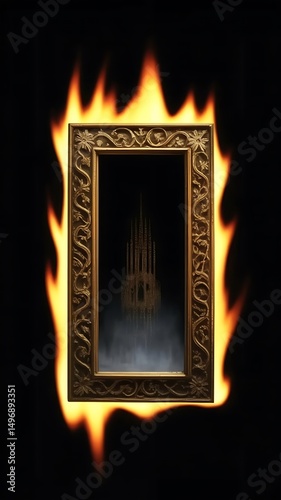 Ornate gold frame enclosing a gothic cathedral image aflame