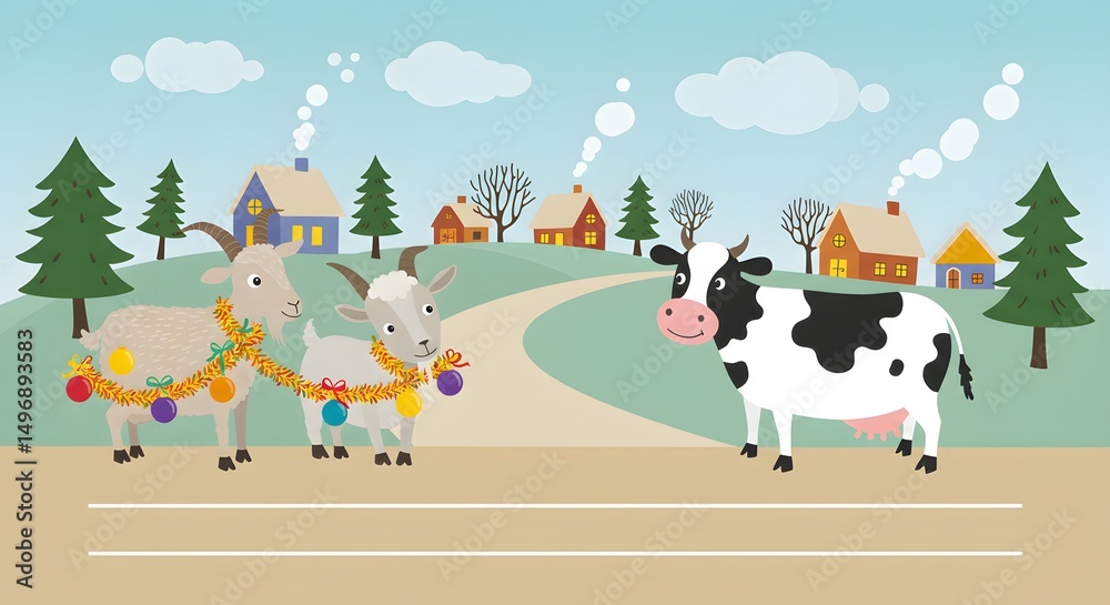 Naklejka premium Charming Winter Village Scene with Festive Goats and Cow Illustration